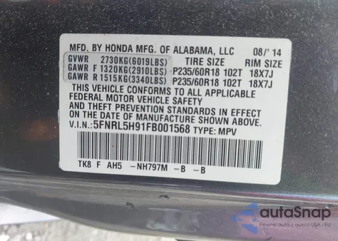 2015 Honda Odyssey Touring/Touring Elite z USA, uszkodzony, nr VIN 5FNRL5H91FB001568